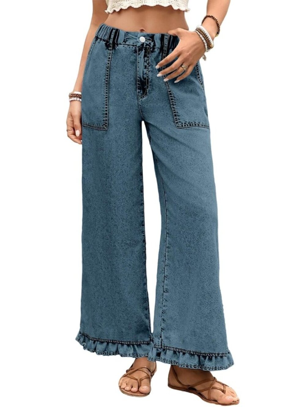 Women's  Real Teal Ruffle Hem Pants High Waisted Baggy Elastic Wide Leg Jean